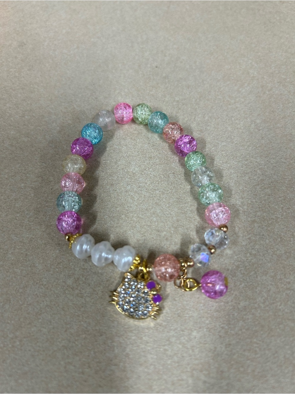 Multicolor stretch Bead Bracelet with Gold Cat Charm